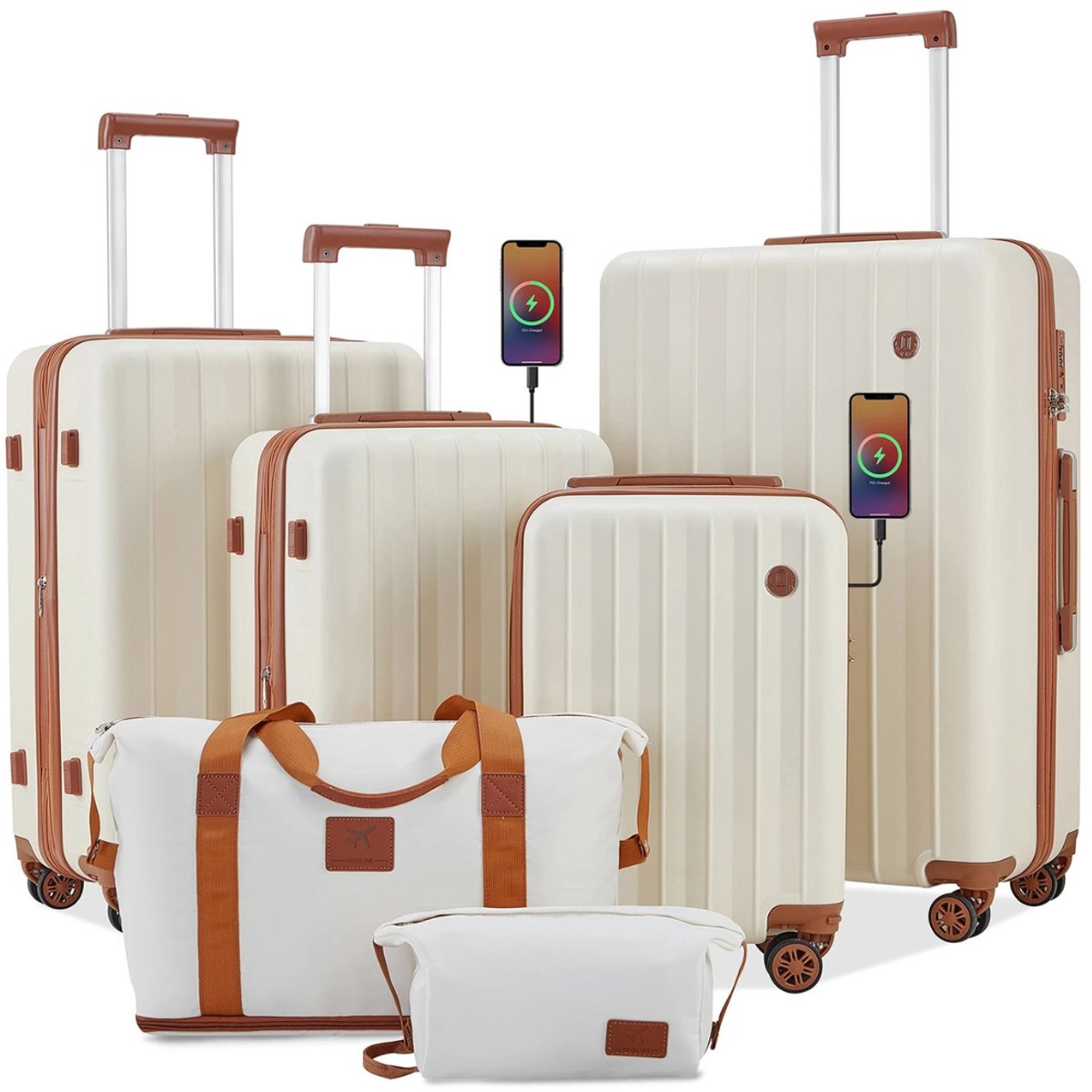 Lifero Koffer Set - 6 delig Reis Bagage Set - Lichtgewicht Reisbagage - Incl. USB-C Poort en Bekerhouder - Reiskoffer Set - Beige
