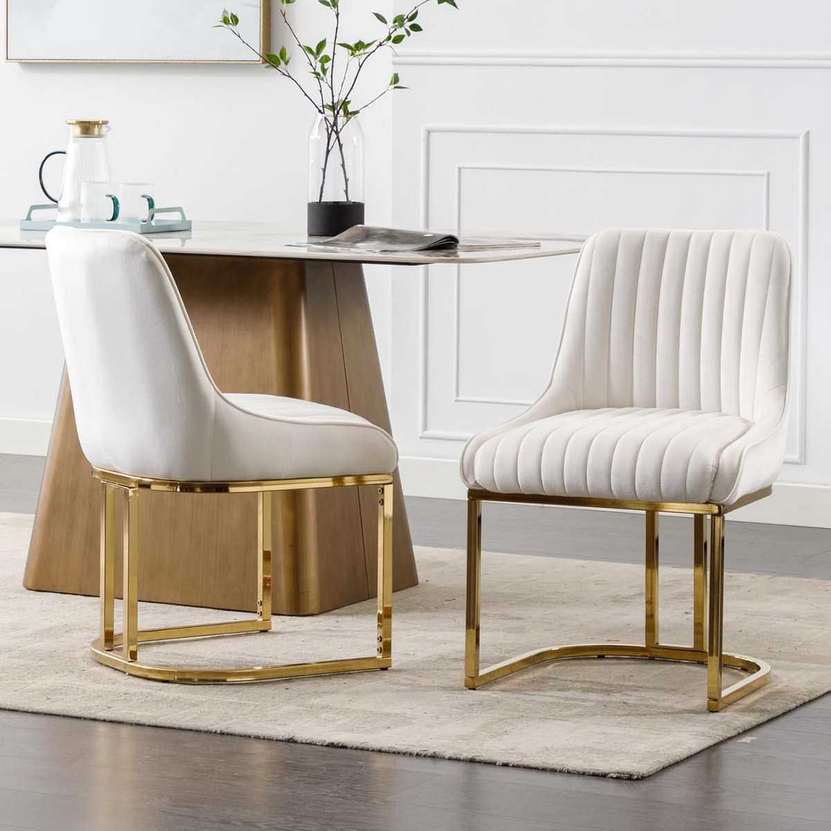 Eetkamerstoelen set van 2 53 x 47 x 79 cm – Fluwelen stoel zonder armleuningen, gestoffeerde keukenstoel met metalen poten, moderne woonkamerstoel / bureaustoel wit – Laura