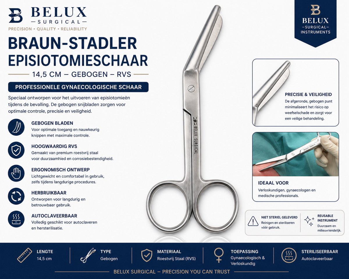 Benelux Surgical Instruments / Braun-Stadler Episiotomieschaar – 14,5 cm – Gebogen – RVS – Professionele Gynaecologische Schaar