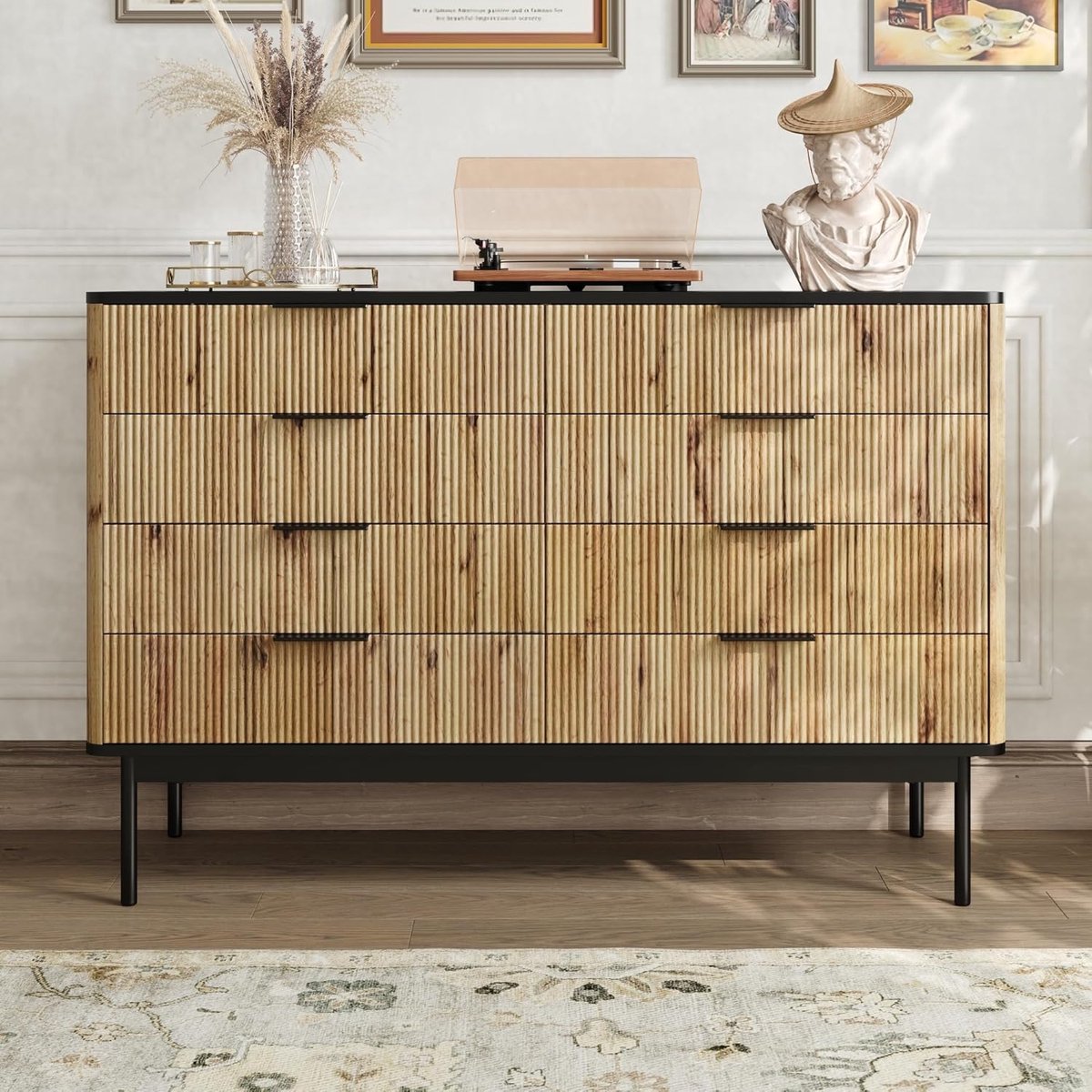 Eigentijds Dressoir met Verticaal Reliëf – Scandinavisch Design Kast met 6 Grote Laden – 120 x 39,5 x 80 cm – Zwart & Natuurlijk Hout