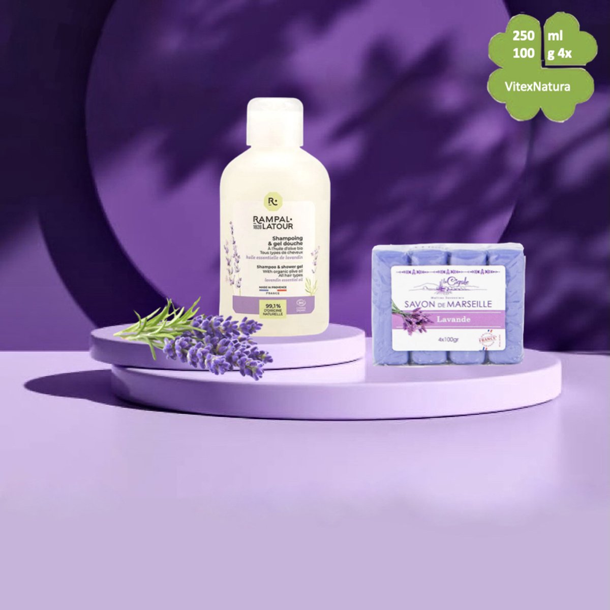 Rampal Latour 250ml Lavendel Shampoo 2-in-1 Olijfolie en Aloë Vera + La Cigale Lavendelzeep 4x100g – Lavendel Verzorgingsset voor Huid en Haar  – Hydraterend en Ontspannend