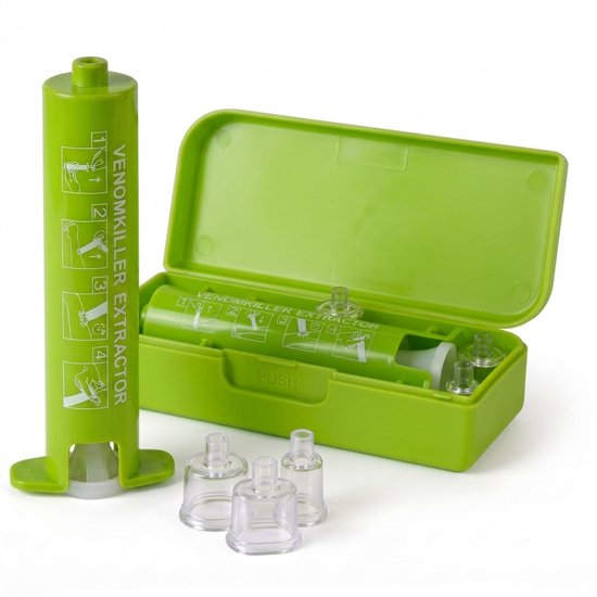 Groene Venomkiller extractor met vier opzetstukken in een open groene koker.