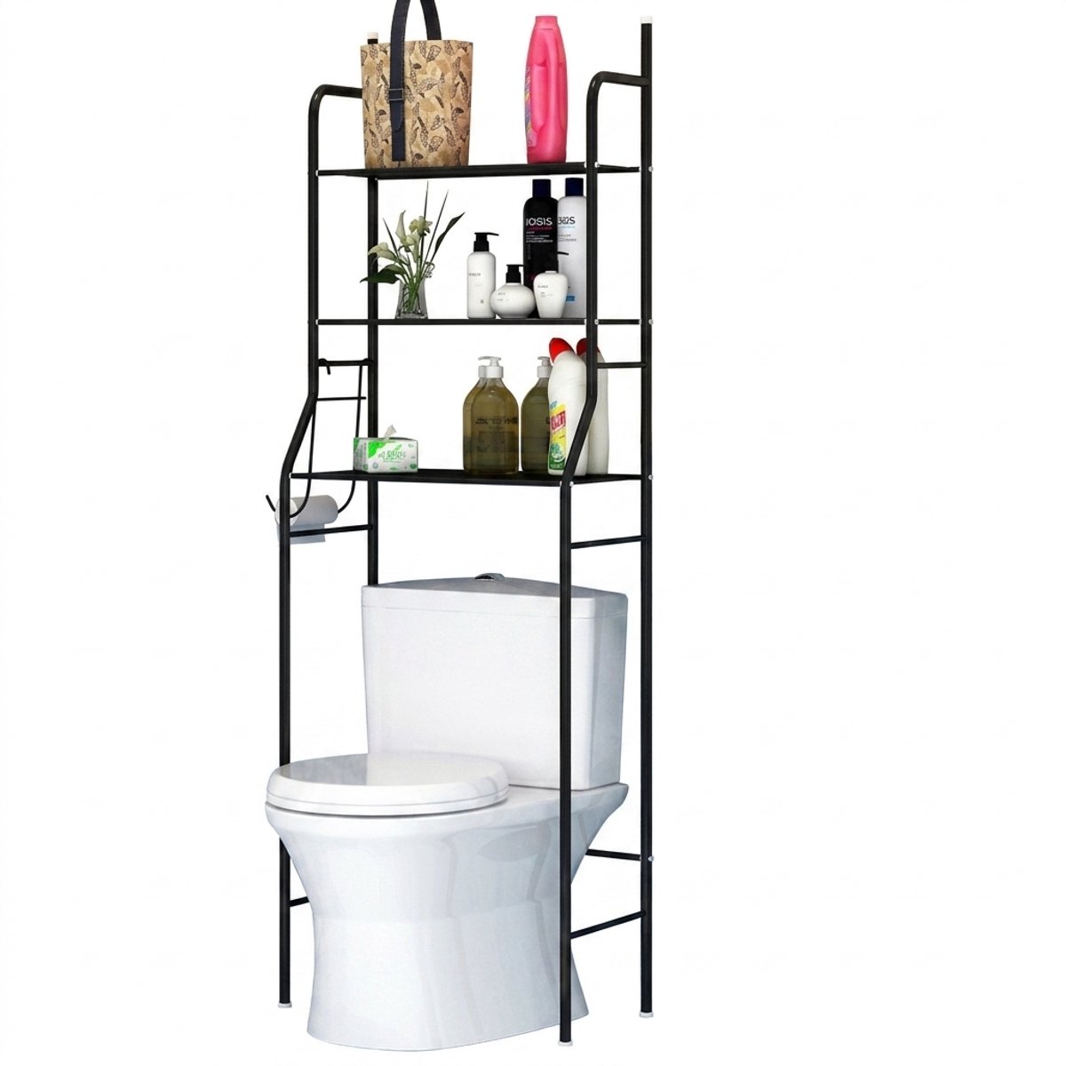 Hearyoo Toiletrek 3-Laags – Met 3 Haken – Metaal Badkamerrek Zonder Boren – Ruimtebesparend Boven Toilet – 153x48x26 cm