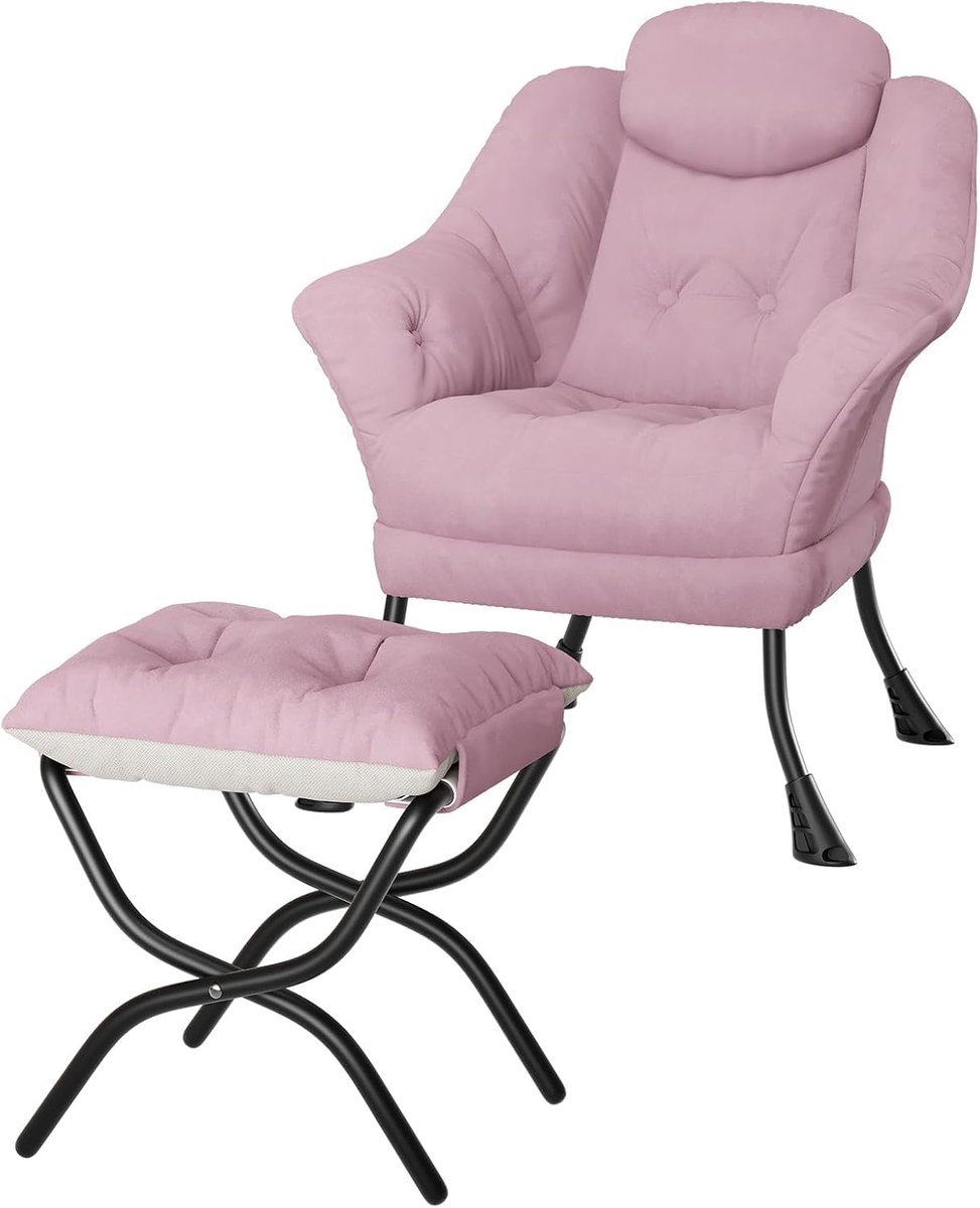 Moderne Fauteuil met Hocker - Verstelbare Loungestoel met Zijvak - Velvet Relaxstoel - Compact Design voor Kleine Ruimtes - Roze