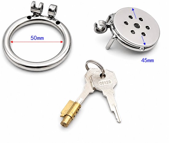 Chromen penis kooi met 50mm ring, 45mm schijf, slot en twee sleutels.
