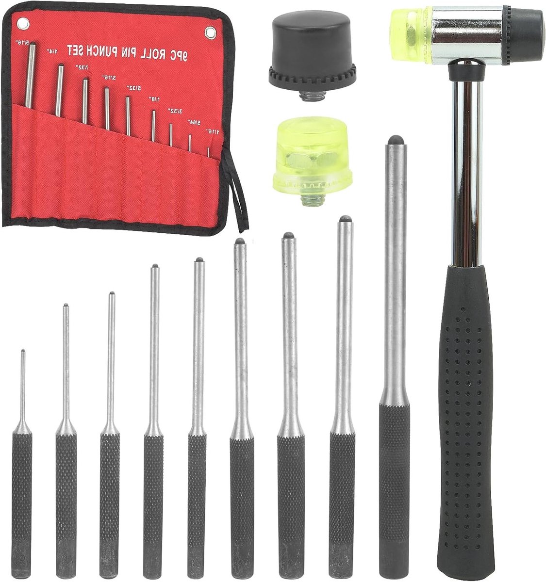 Set van 9 cilindrische pin punches met hamer en 2 vervangbare rubberen accessoires voor auto-reparatie, horloges, sieraden en ambachten