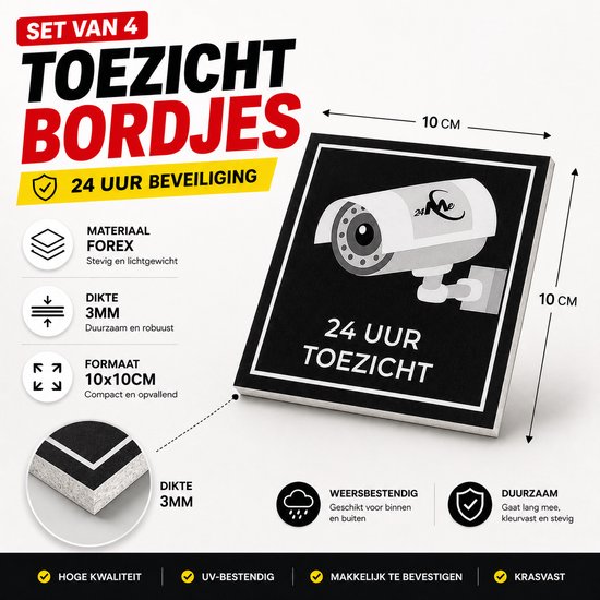 24ME® - Camera bewaking bord - 4 Stuks - Zelfklevend - 10x10cm - Cameratoezicht - Camerabewaking van 24ME — afbeelding 2