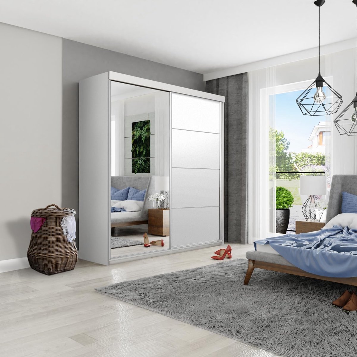 Schuifdeur Kledingkast met Spiegel 150x200x62 cm - Moderne Garderobekast met Aluminium Rails, Grote Opbergkast Slaapkamer Wit - Vermissen