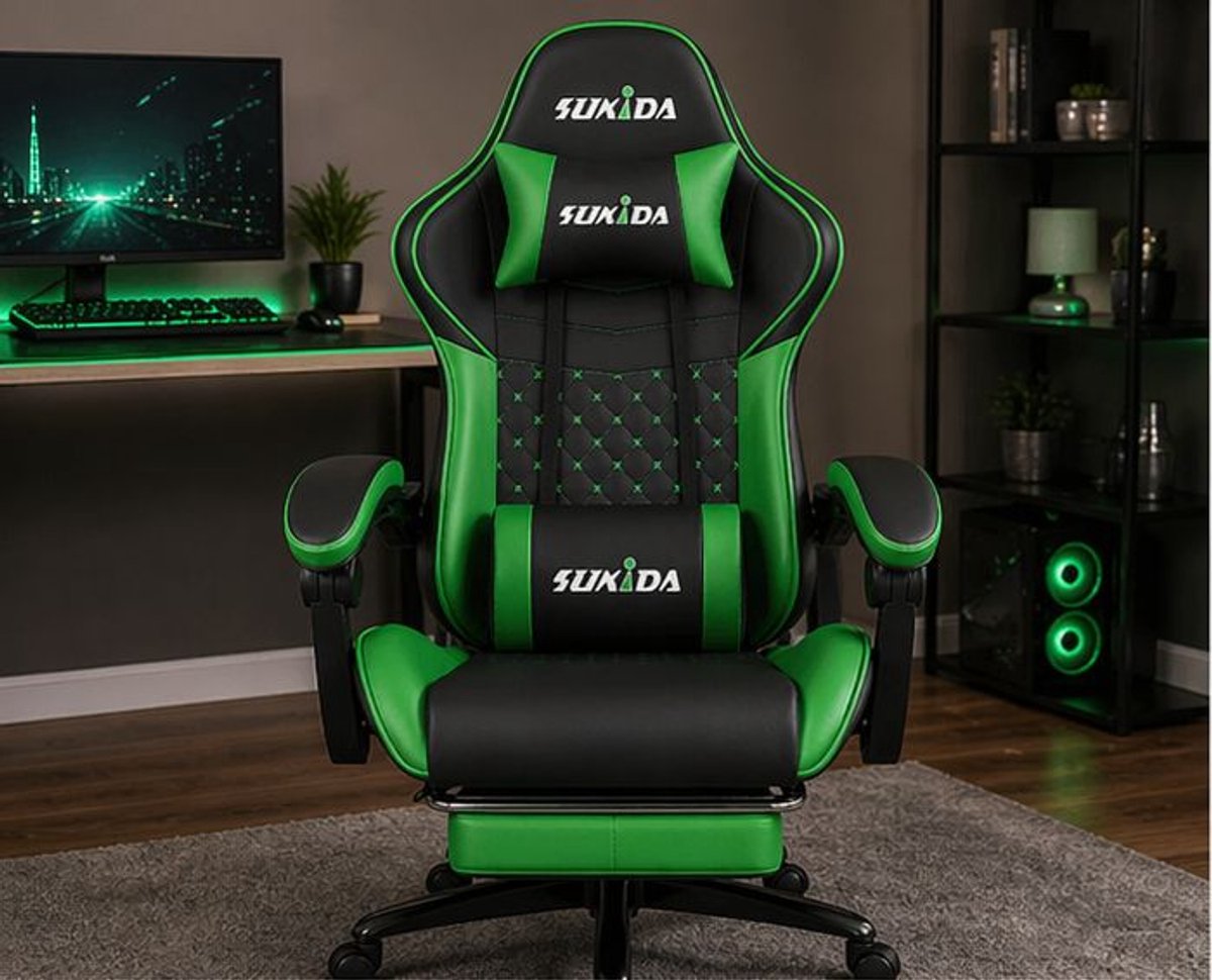 Gaming Stoel Ergonomisch met Voetensteun en Verstelbare Rugleuning 90–135° 52x62x129 cm – Kunstleren Gaming Chair met Lendensteun, Hoofdsteun en 360° Wielen – Blauw – Vermissen