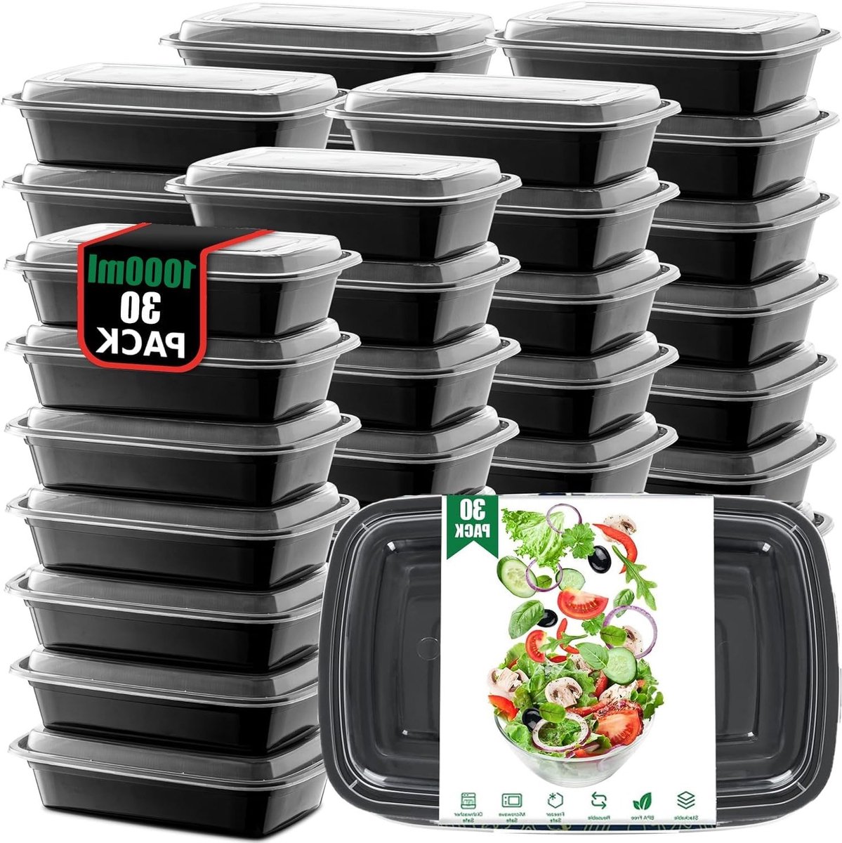 Set van 30 Herbruikbare Maaltijd Prep Containers met Deksel, 1000 ml, BPA-vrij, Magnetron- en Vriezerbestendig, Ideaal voor Lunch en Opslag
