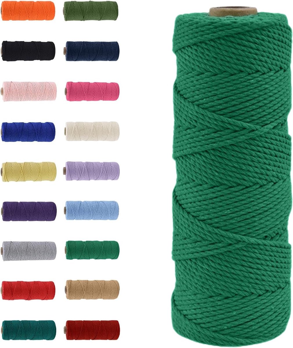 Natuurlijke Katoenen Macrame Touw van 100m in Smaragdgroen, Perfect voor DIY Projecten, Macrame Kunst en Cadeauverpakking