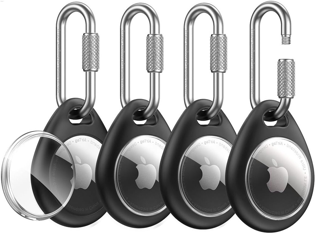 Duurzame TPU Beschermhoes voor Apple AirTag met RVS Lockable Carabiner Haak - 4-Pack, Waterdicht, Schokbestendig en Krasbestendig