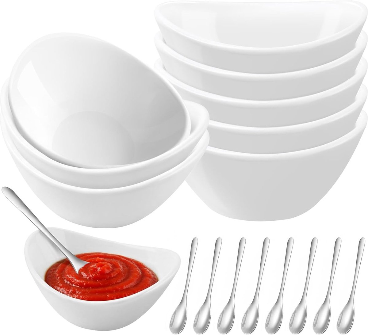 Set van 8 Witte Keramische Dipschaaltjes met Lepels, 60ml voor Sushi en Sauzen