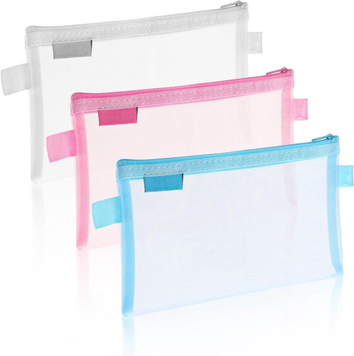 Set van 3 Transparante Pennen Etuis van Nylon Mesh met Rits voor School, Kantoor en Cosmetica - 20 cm x 12 cm in Roze, Wit en Blauw