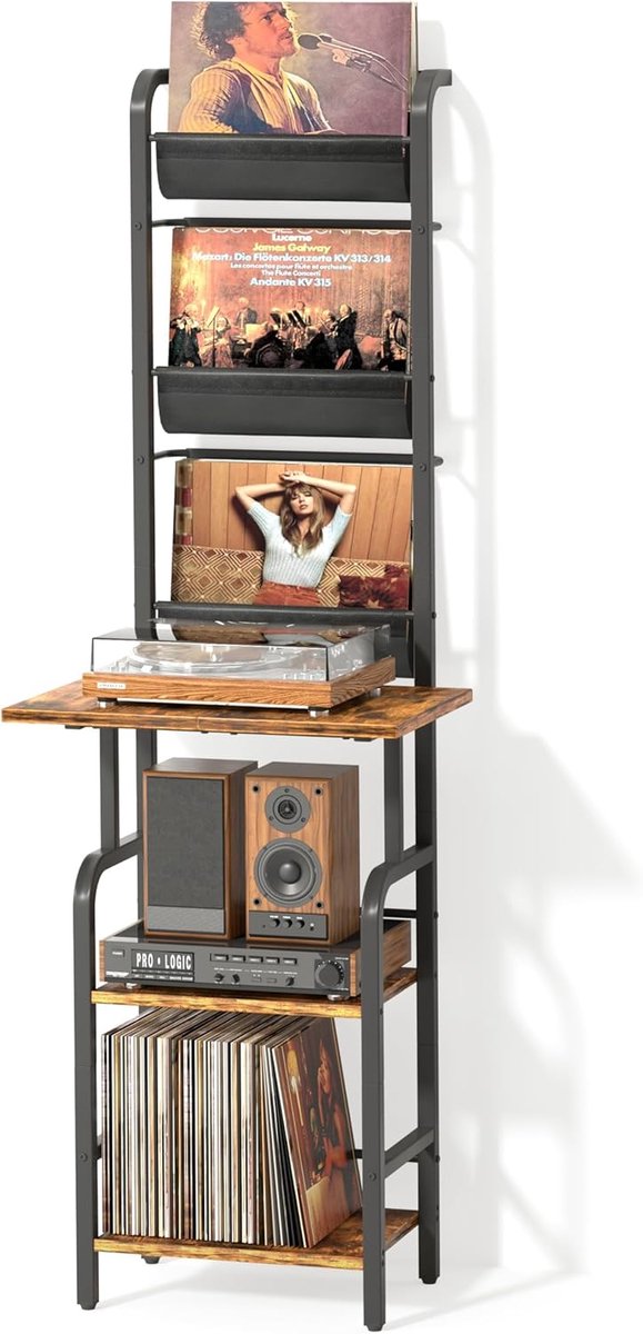 Platenspeler Meubel met Vinyl Opbergrek - Ergonomische Hoogte 180 cm - 5-Laags Opbergsysteem - Grote Capaciteit 250 Platen - LP Kast voor Woonkamer Slaapkamer - Vinyl Record Stand Opbergkast Platenspeler Tafel