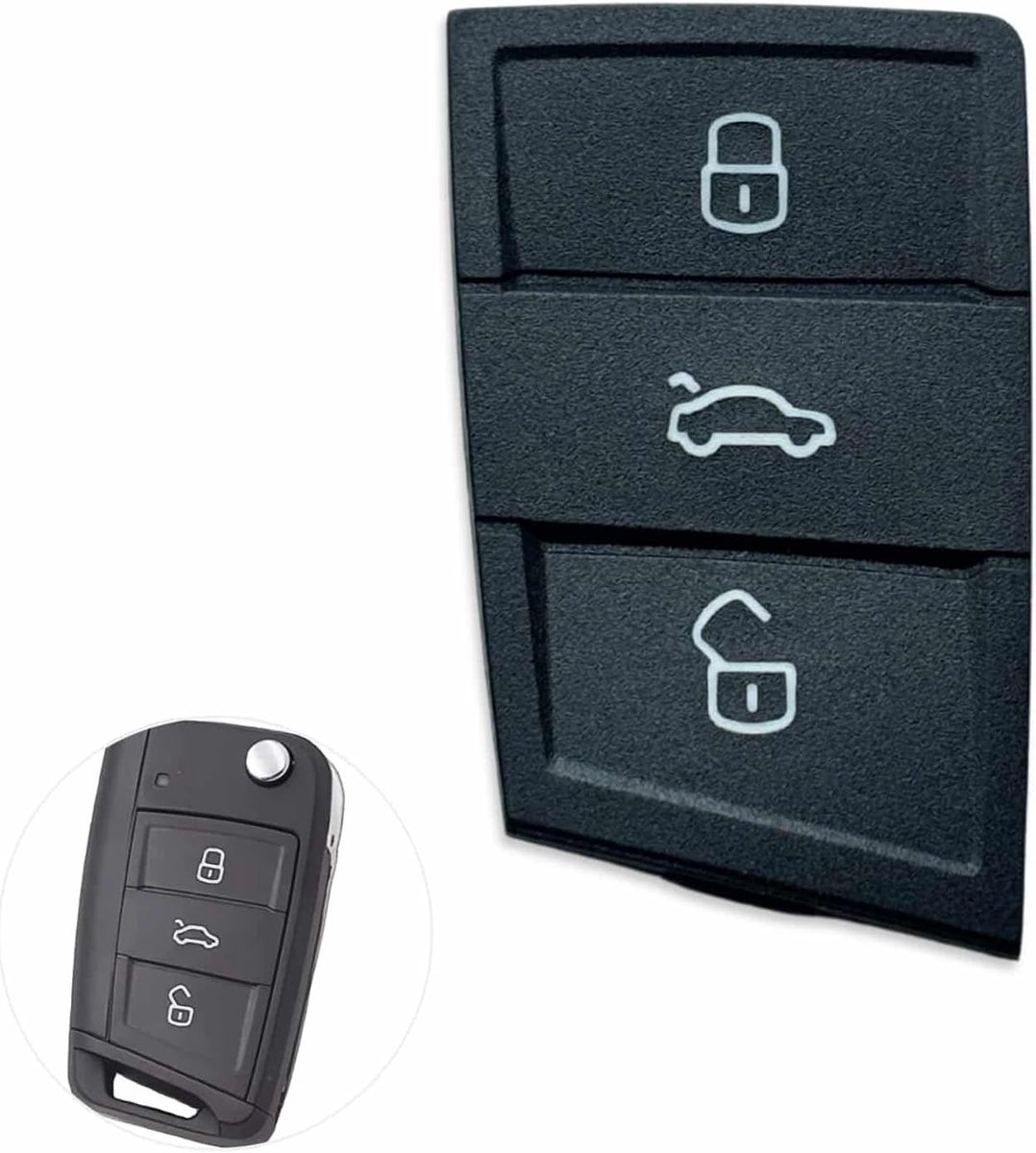 Vervangende Sleuteltoets voor Auto met 3 Knoppen - Zwart Rubber Toetsenbord voor Sleutel en Ontgrendeling, Geschikt voor Polo en Golf 7 - Inclusief Mini Schroevendraaier