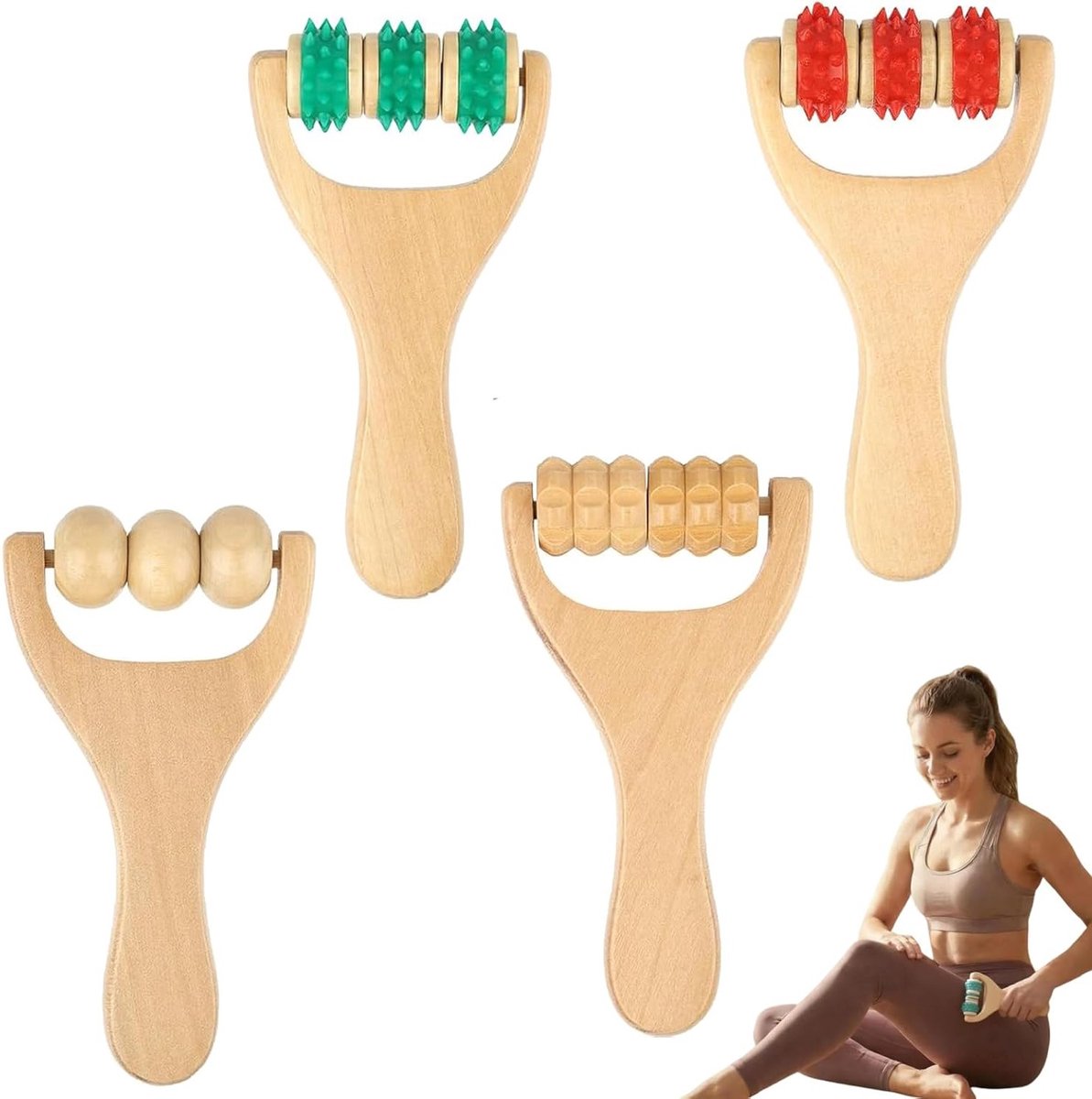 Ergonomische massageroller van hout met handvat - ideaal voor rug, benen en cellulitismassage, bevorderlijke ontspanning en doorbloeding voor het hele lichaam