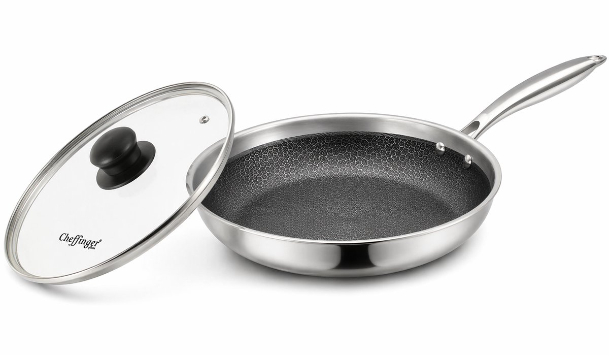 Cheffinger Koekenpan met Deksel - 28cm - Honingraat Antikras - RVS
