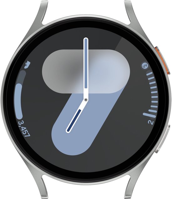 Zilverkleurig smartwatch met een rond scherm en een wijzerplaat met het cijfer 9.