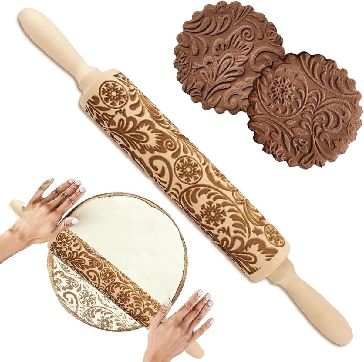 Houten Deegroller met Sneeuwvlokpatroon - 3D Deegroller voor Gebak en Cake