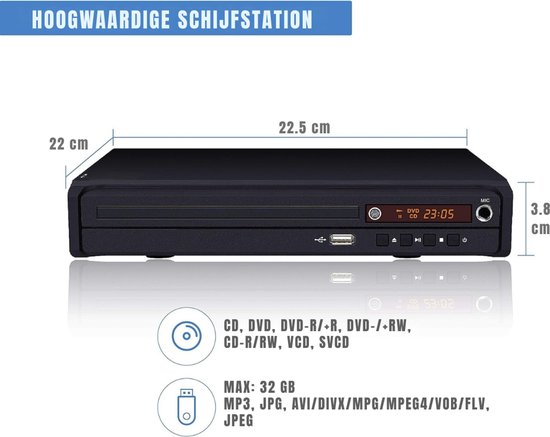 KAD® DVD Speler Met HDMI - Compacte DVD Speler met HDMI-Aansluiting - Full HD Up-scaling - Inclusief Afstandsbediening & HDMI-Kabel - Regiovrij - Zwart - 23cm x 5cm x 19cm van kad — afbeelding 2