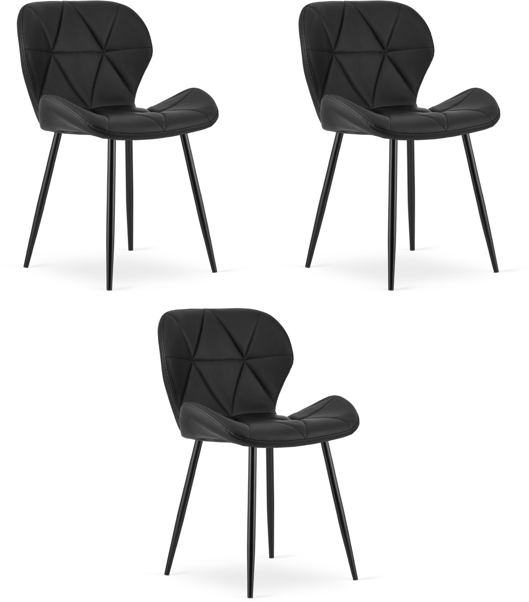 LEOBERT Set van 3 eetkamerstoelen MANGO - Zwart kunstleer - Zwarte metalen poten - Modern design