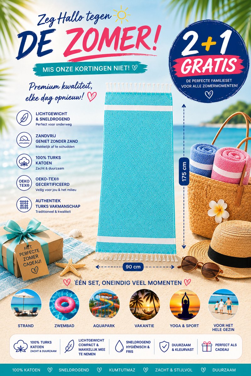 3 Stuks (2+1 GRATIS) Luxe Handdoek & Strandlaken Set - Voordeelset Phlora Hamamdoeken - Mintgroen, Roze & Blauw - Diamant Weving - 100% Turks Katoen - 95x170cm - OEKO-TEX - Ideaal voor Gezinnen, Zomervakantie & Strand - Sneldrogend - Cadeautip