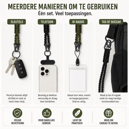 Cordon paracorde Heavy Duty – Lanière porte-clés – Cordon téléphonique universel/chaîne téléphonique – Lanière – Support pour carte/clés – Lanière de téléphone/mobile – Lanière – Collier porte-carte d'identité