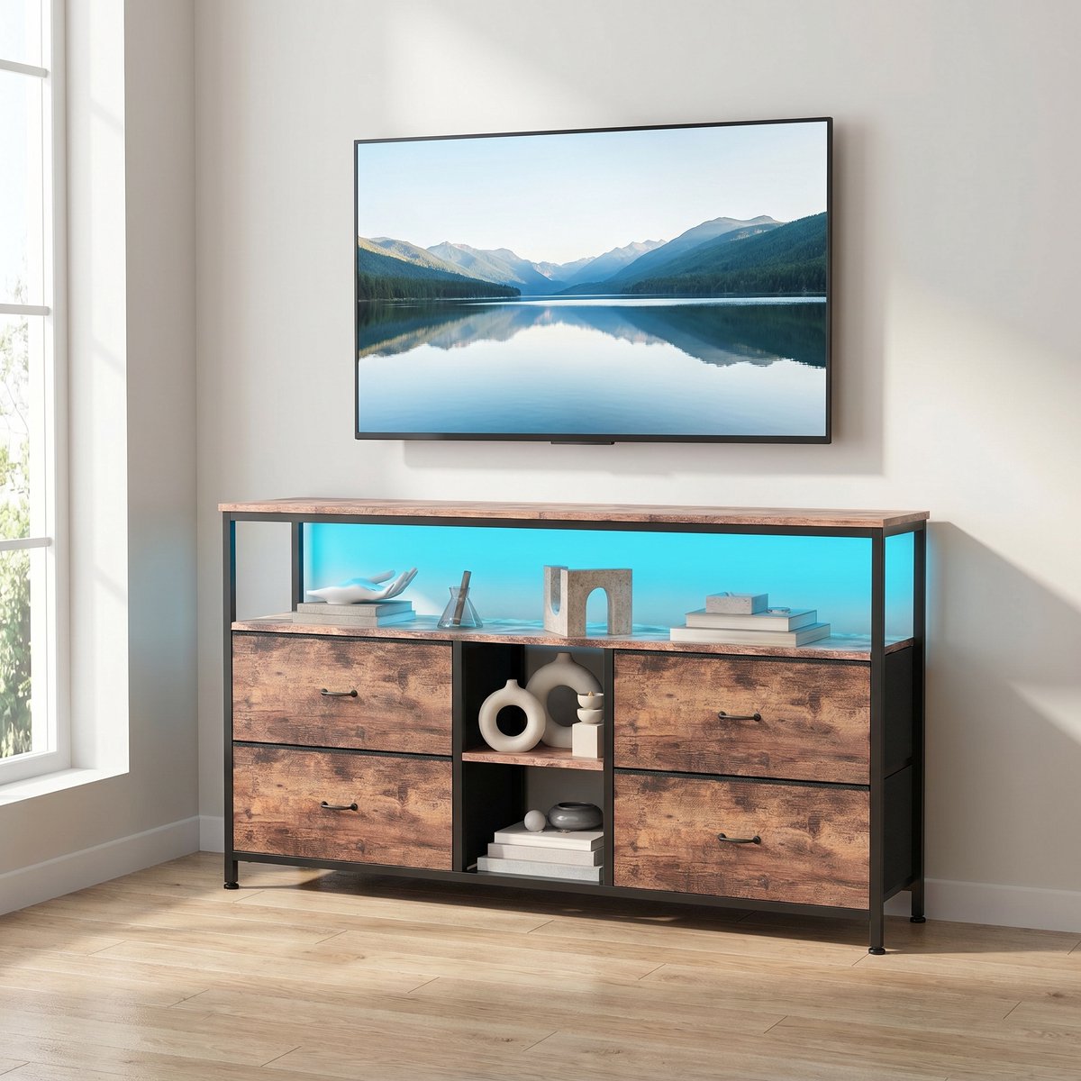 TV-Meubel, LED TV-Meubel, Hoog TV-Meubel met Opbergruimte, Verstelbare Planken, 4 Stoffen Lades, Geïntegreerde Opbergoplossing, Kijkervaring en Verbeterde Esthetiek (Tijgerstrepen, 137 cm)