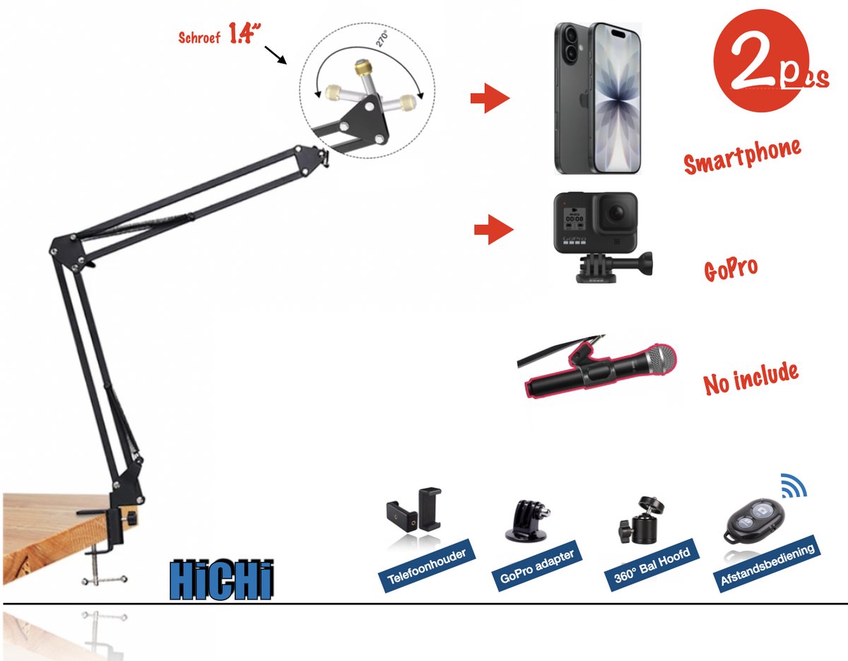 HiCHi® Verstelbare Tafelklem Arm voor Smartphone @ Camera - Professionele Telefoonhouder en Camerastandaard - Ideaal voor Content Creatie, Livestreams & Video opnames - 2Pcs