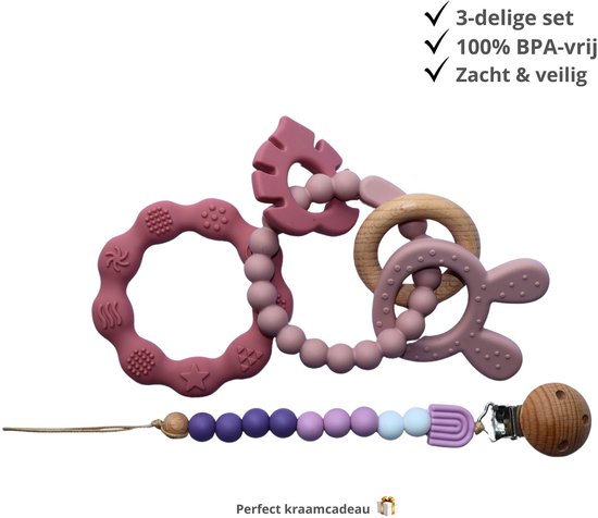 Zibbi Siliconen Bijtring & Speenkoord Set - 3-delig - BPA-vrij - Baby Bijtring - Speenkoord - Baby Cadeau - Soft Lila - 0+ maanden van Zibbi — afbeelding 4