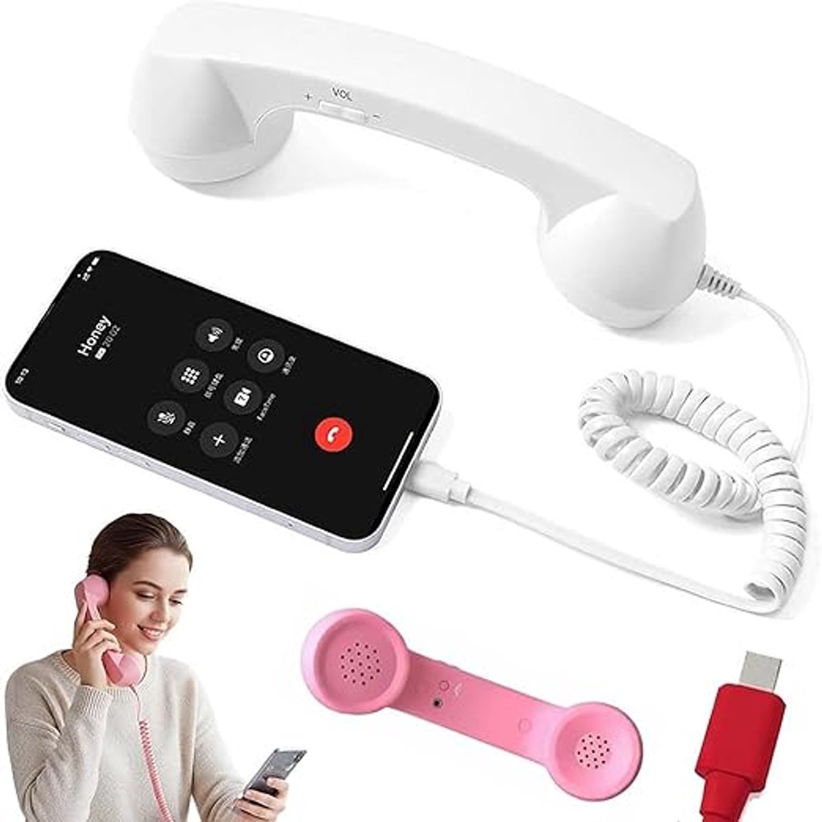 Retro Telefoonhoorn - Type-C - Bedrade Telefoonhandset - Telefoonhoorn - Met Antwoordknop Microfoon En Luidspreker - Koptelefoon - Headset - Kantoor - Geschikt Voor Smartphones En Tablets - Wit - 1m