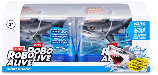 Verpakking met twee grijze Robo Alive haaien met rode ogen, klaar voor wateractivatie.