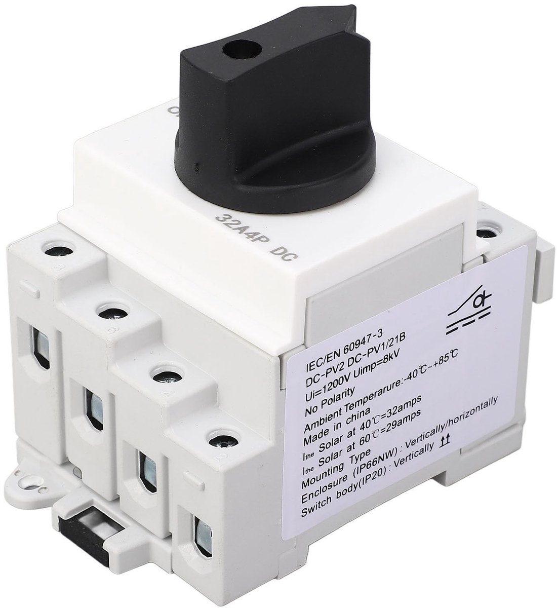 Dailygoods - DC isolator - Photovoltaic schakelaar - Waterdicht en veilig - 32A 1000V - Miniatuur schakelaar - Geschikt voor zonnepanelen - 4 polig