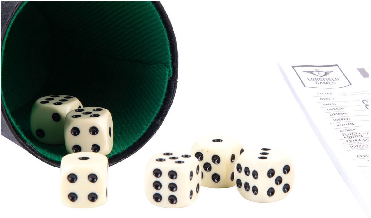 Dobbelset Compleet - Pokerbeker - 5 Dobbelstenen 16 mm - Scoreblok 25 Vellen - Complete Spelset - Engelhart — afbeelding 7