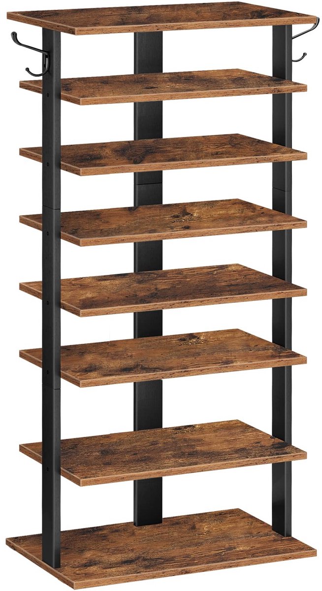 Dailygoods - Schoenenrek - Hoge schoenenorganisator - 8 Niveaus - Rustiek bruin - Voor 16 Paar - Smal en stijlvol voor gang of woonkamer