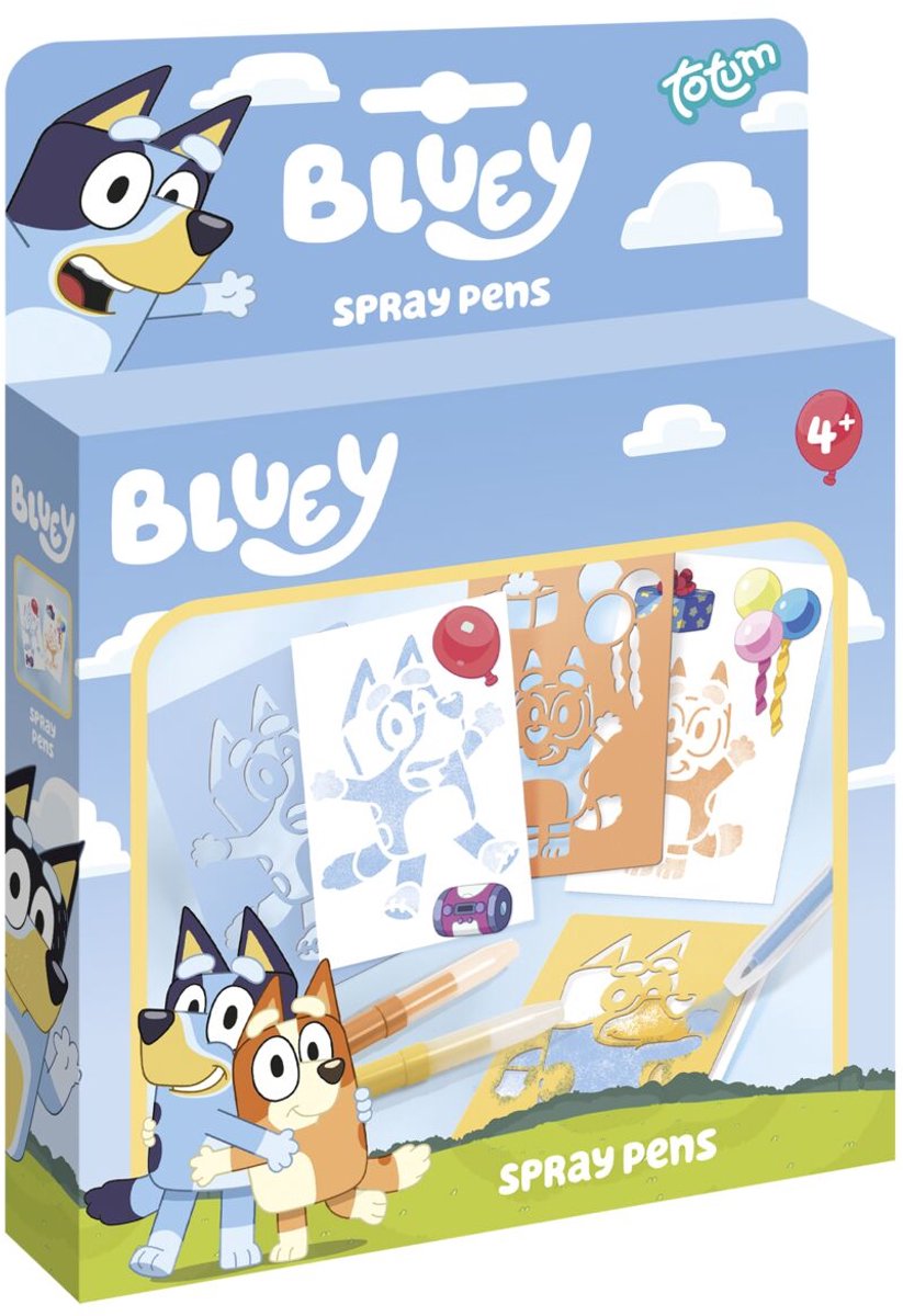 Bluey Totum spraypens knutselset - 3 blaaspennen- 3 sjablonen en stickers - speelgoed knutselen vanaf 4 jaar jongens meisjes junior