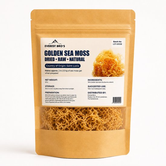 Zak Everest Bro's Golden Sea Moss (100g) met een transparant venster en gedroogd zeemos.