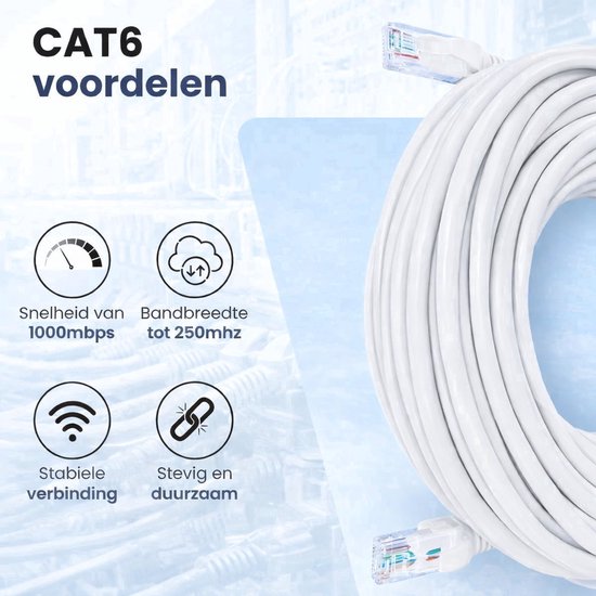 Voordelen van de CAT6 UTP kabel: snelheid van 1000mbps, bandbreedte tot 250mhz, stabiele verbinding, stevig en duurzaam.