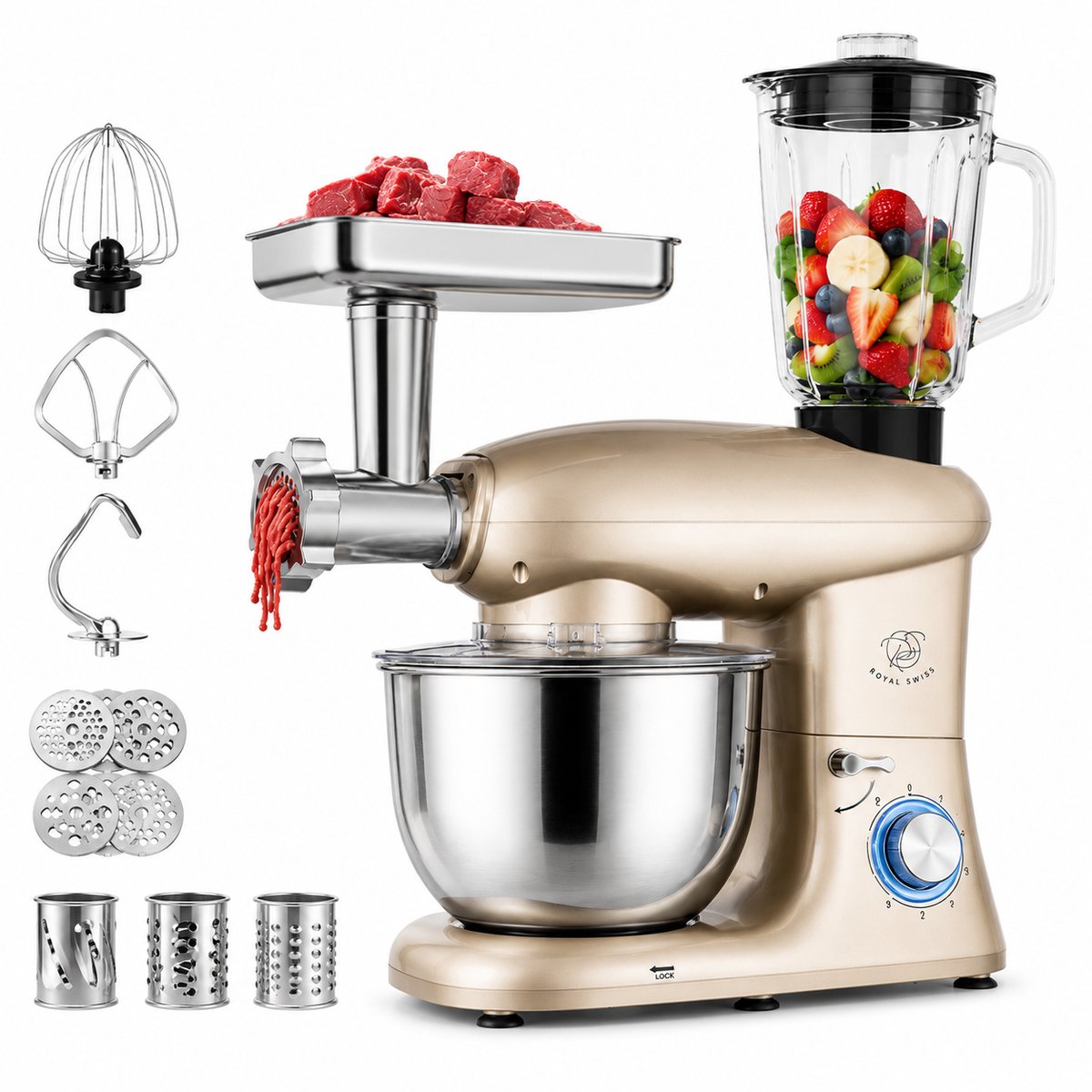 Royal Swiss Multifunctionele Keukenrobot 6L kneedmachine met blender en vleesmolen
