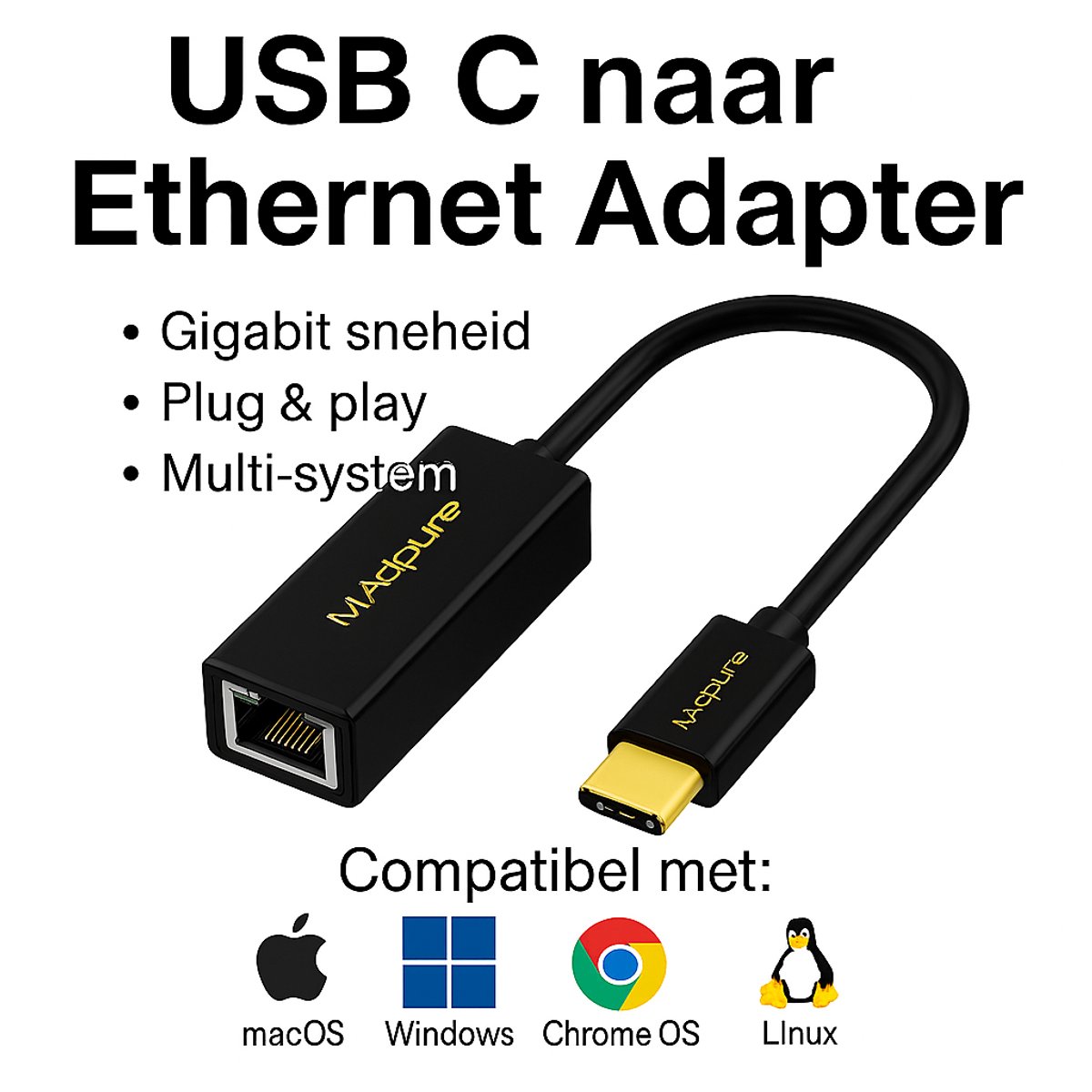 USB‑C naar Ethernet Adapter – Gigabit LAN – Plug & Play – Zwart