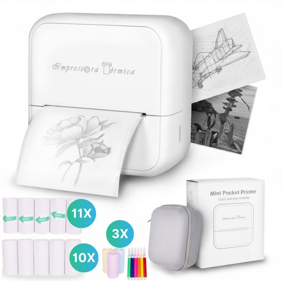Witte mini-printer met rollen papier, kleurpotloden, een grijze opberghoes en een doos. Print toont een bloem.