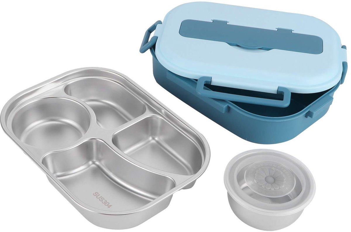 OmGoods - Dailygoody Lunchbox - Lekvrij en Draagbaar - Met Deksel en Bestek - Blauw - 4 Vaks Voedselcontainer - Ideaal voor Lunch Transport - 1500 ml