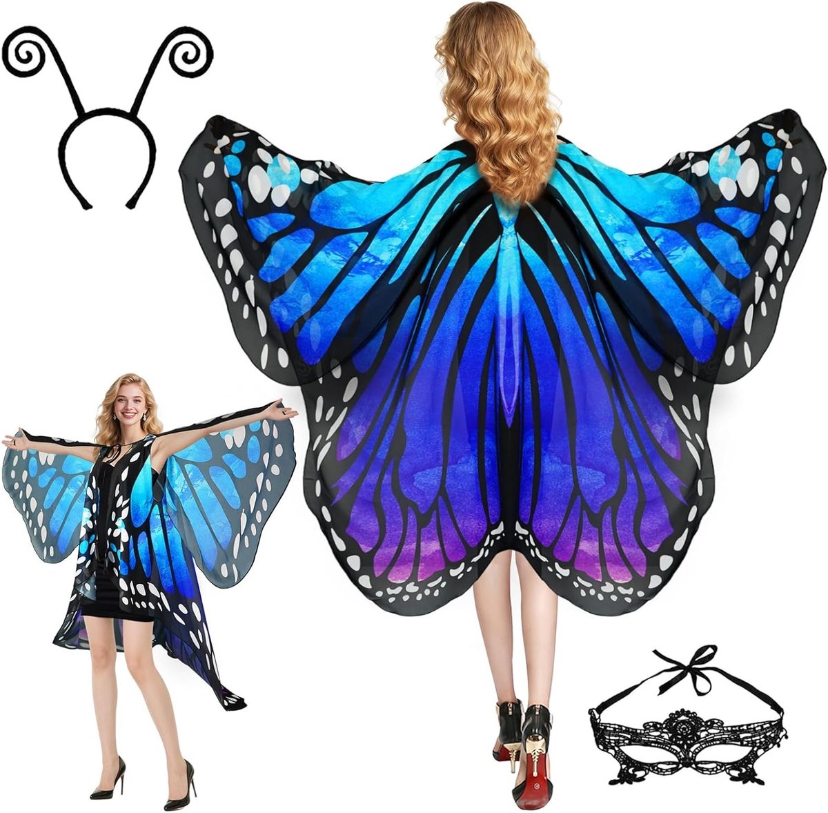 Vrouwelijk Vlinder Kostuum met Vleugels en Gezichtsmasker voor Carnaval en Feestjes - Drie Delige Set met Cape en Accessoires