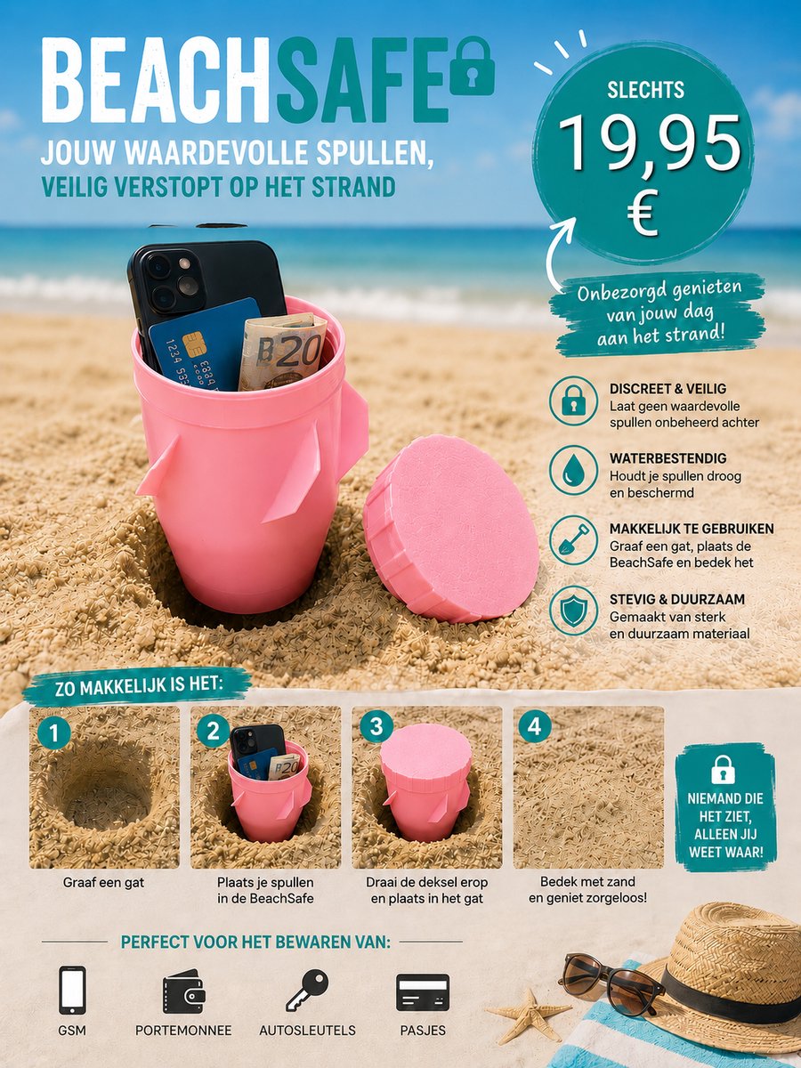 Beachsafe kleur roze - strand - opbergbox