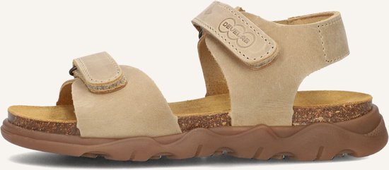 Beige Develab sandaal met klittenbandsluiting, kurken tussenzool en bruine rubberen zool.