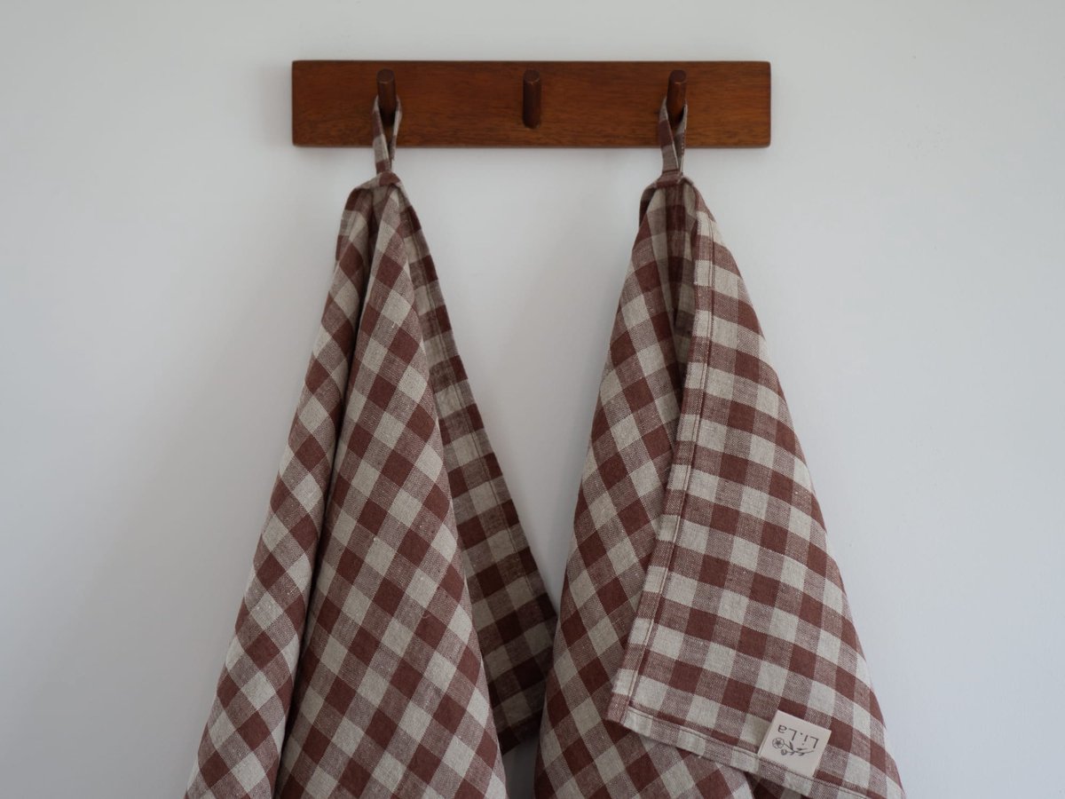 Linnen Label - Duurzaam 100% Europees gewassen linnen theedoeken set van 2 - 45 x 65 cm - Cacao geruit