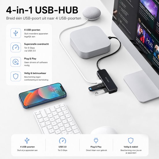 Hub USB Sounix 4-en-1 noir, connecté à un ordinateur, avec des ports USB pour un appareil, un clavier et une carte SD. À côté d'un Google Home Mini.