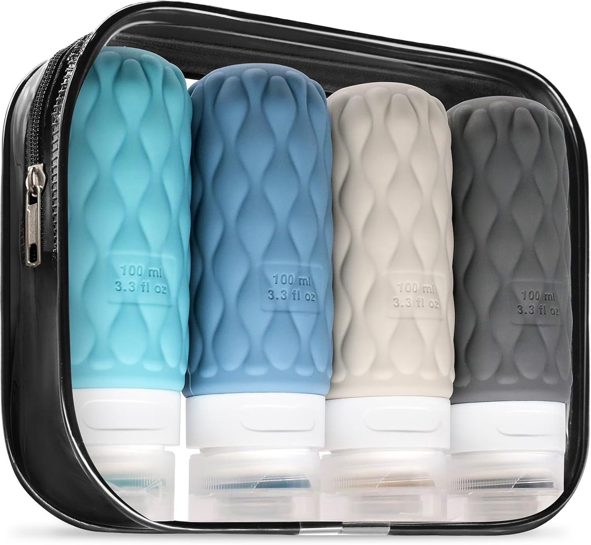 Reisflesjes Set - Navulbare Flesjes - Voor Shampoo en Lotion - Siliconen - Set van 4 - 100ml - Blauw-Donkerblauw-Grijs-Donkergrijs - van Imperatoris