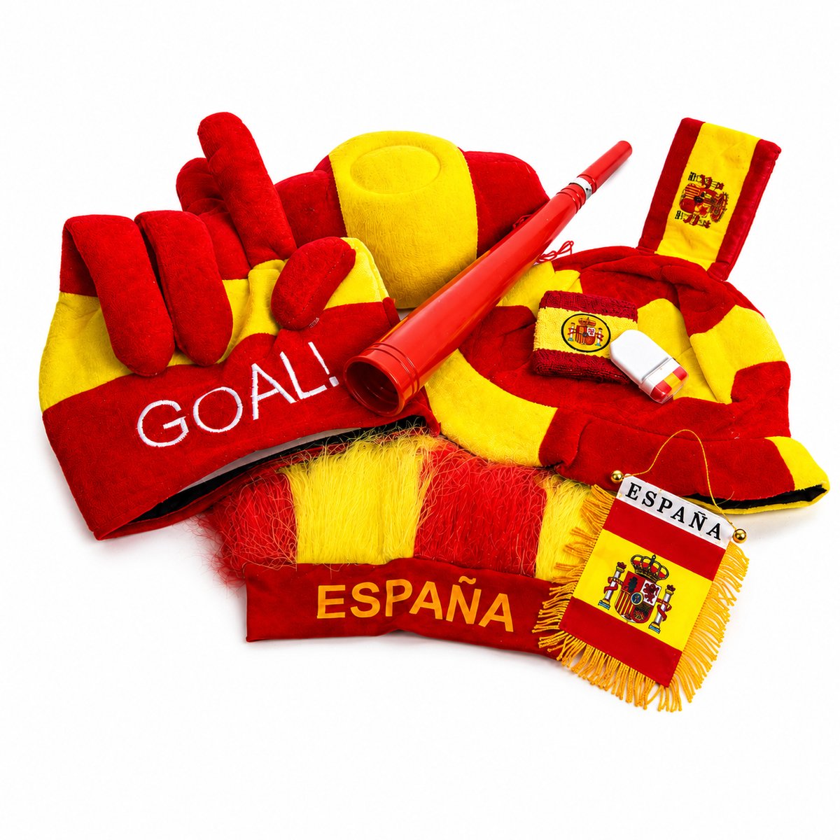 Spanje Voetbal Supporterskit/Feestartikelen voor WK 2026 (9 items) – Complete Fan Party Feest Set met Hoeden, Schmink, Stadiontoeter en Accessoires